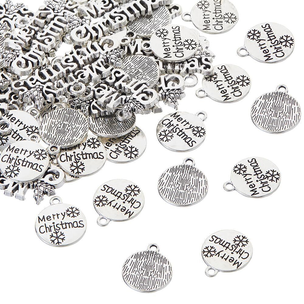 4234 60pcs 2 Styles Silver Merry Christmas Words Charms Alloy Pendants Flat
